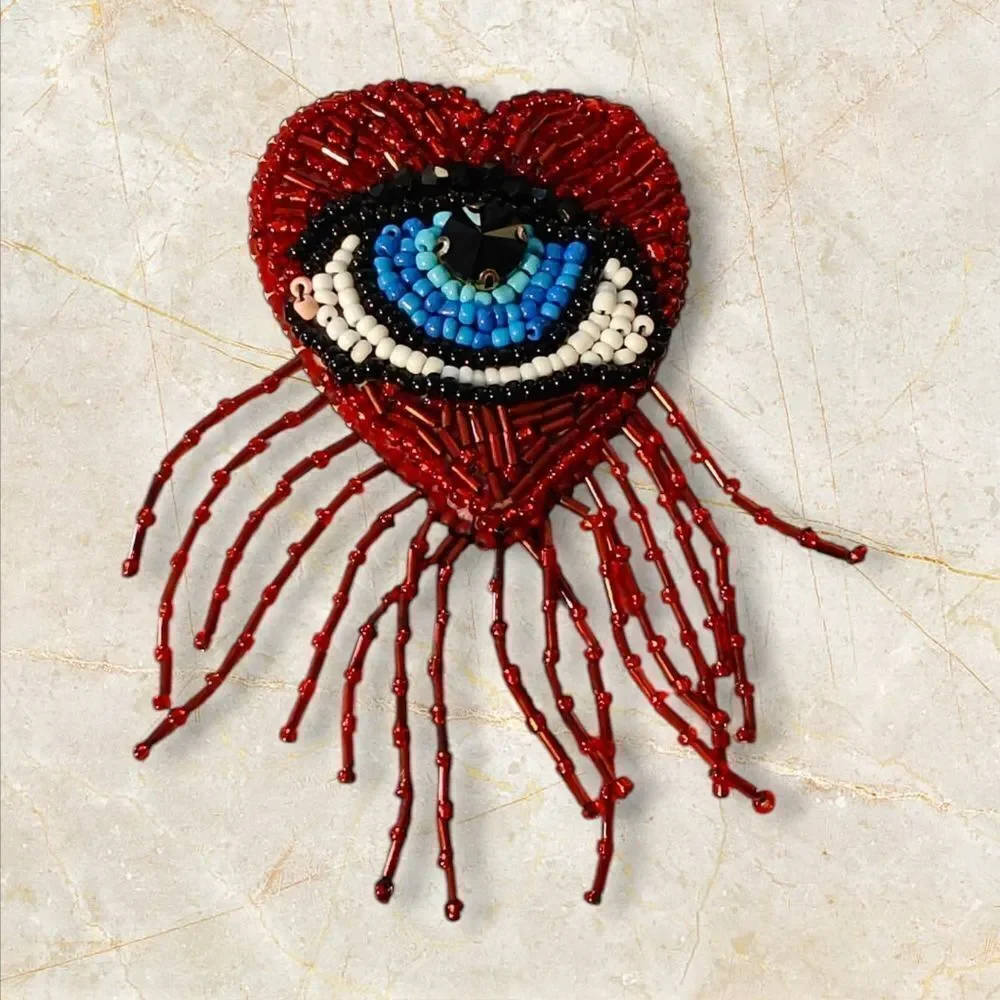 Murka Designer's Hand Beaded Elegant Red Heart Blue Evil Eye Brooch Medium Size